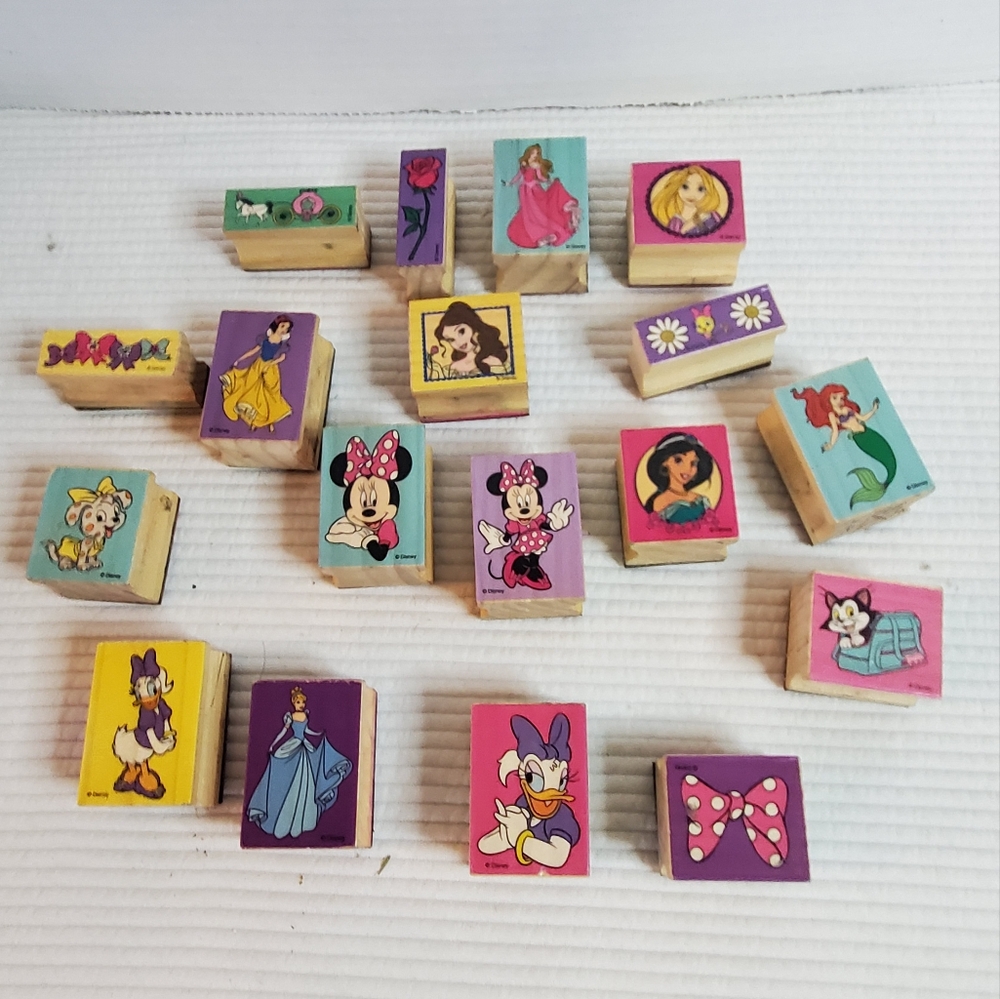 18 Disney Rubber Ink Stamps 2" Princesses Daisy Duck Mini Mouse Ariel Cinderella
